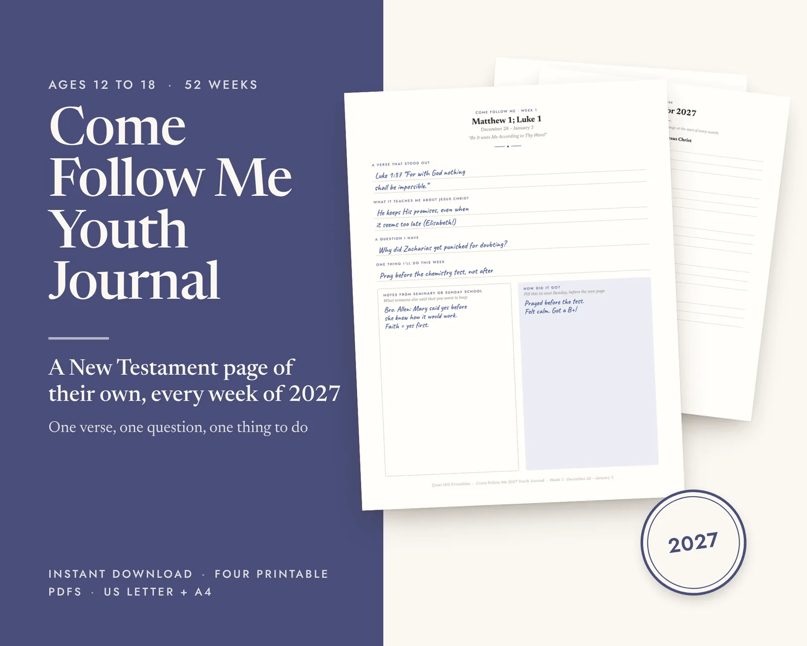 Come Follow Me Youth Journal printable, shown filled in