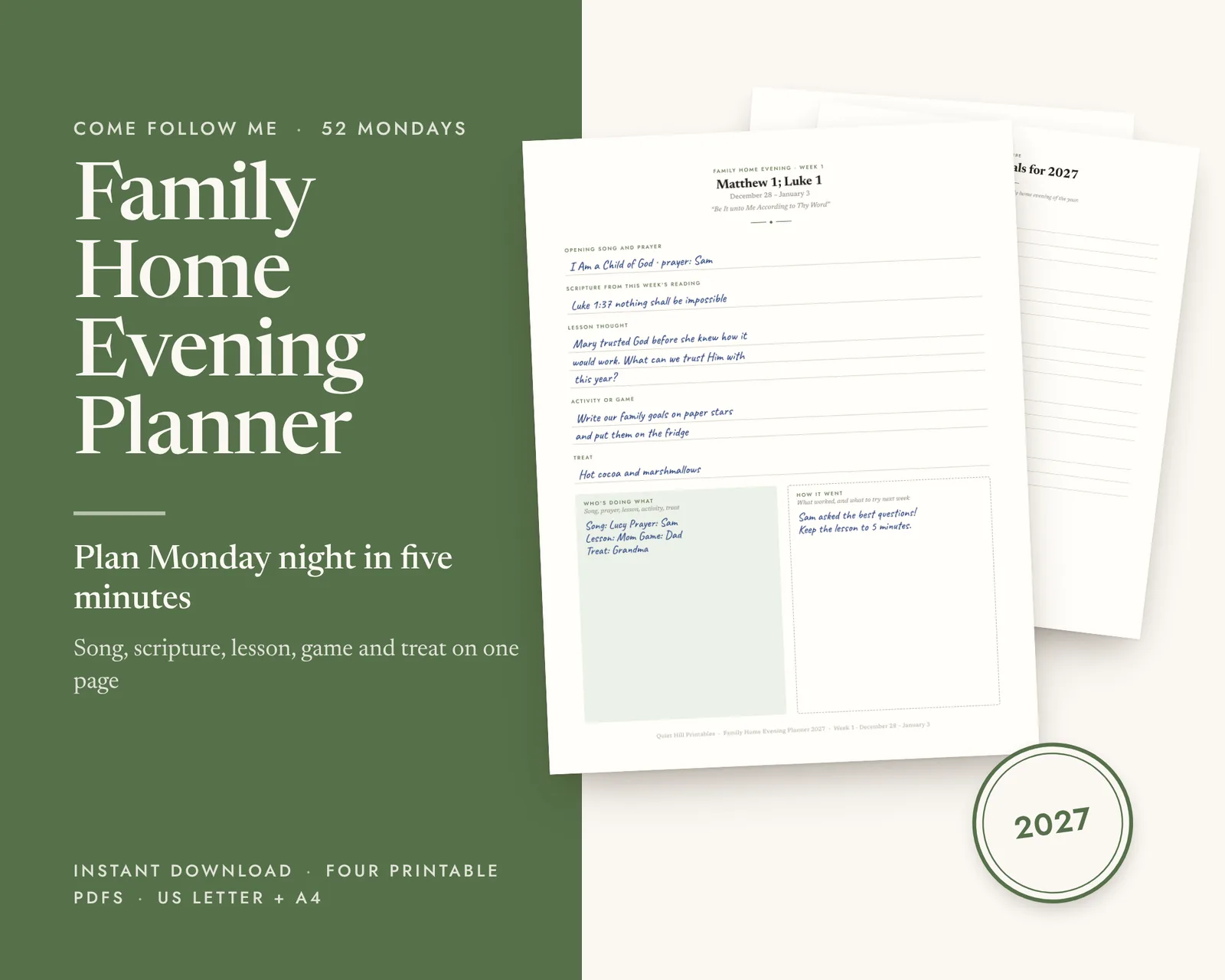 Family Home Evening Planner printable, shown filled in