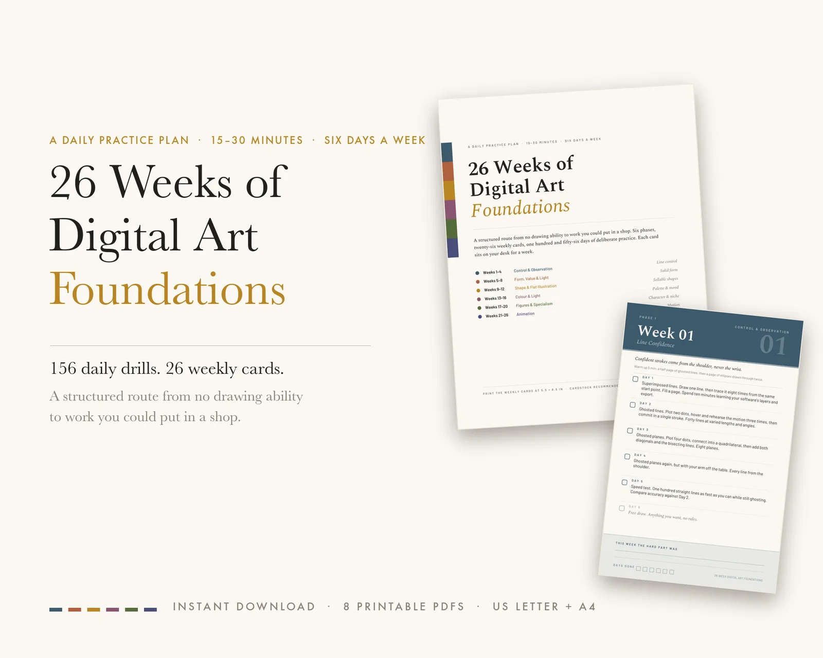 26 Weeks of Digital Art Foundations printable cover page with six-phase overview and Week 01 drill card