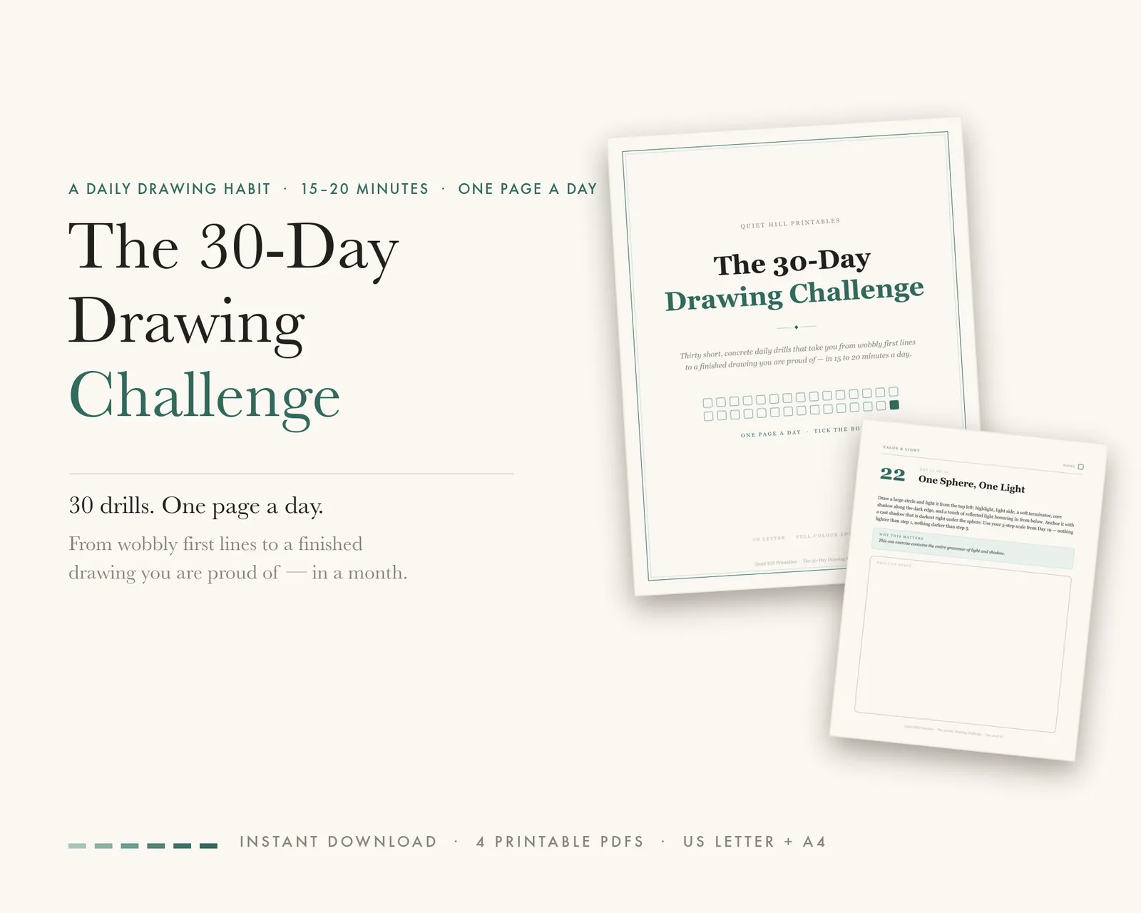 30-Day Drawing Challenge printable cover with tick boxes beside the Day 22 One Sphere, One Light page