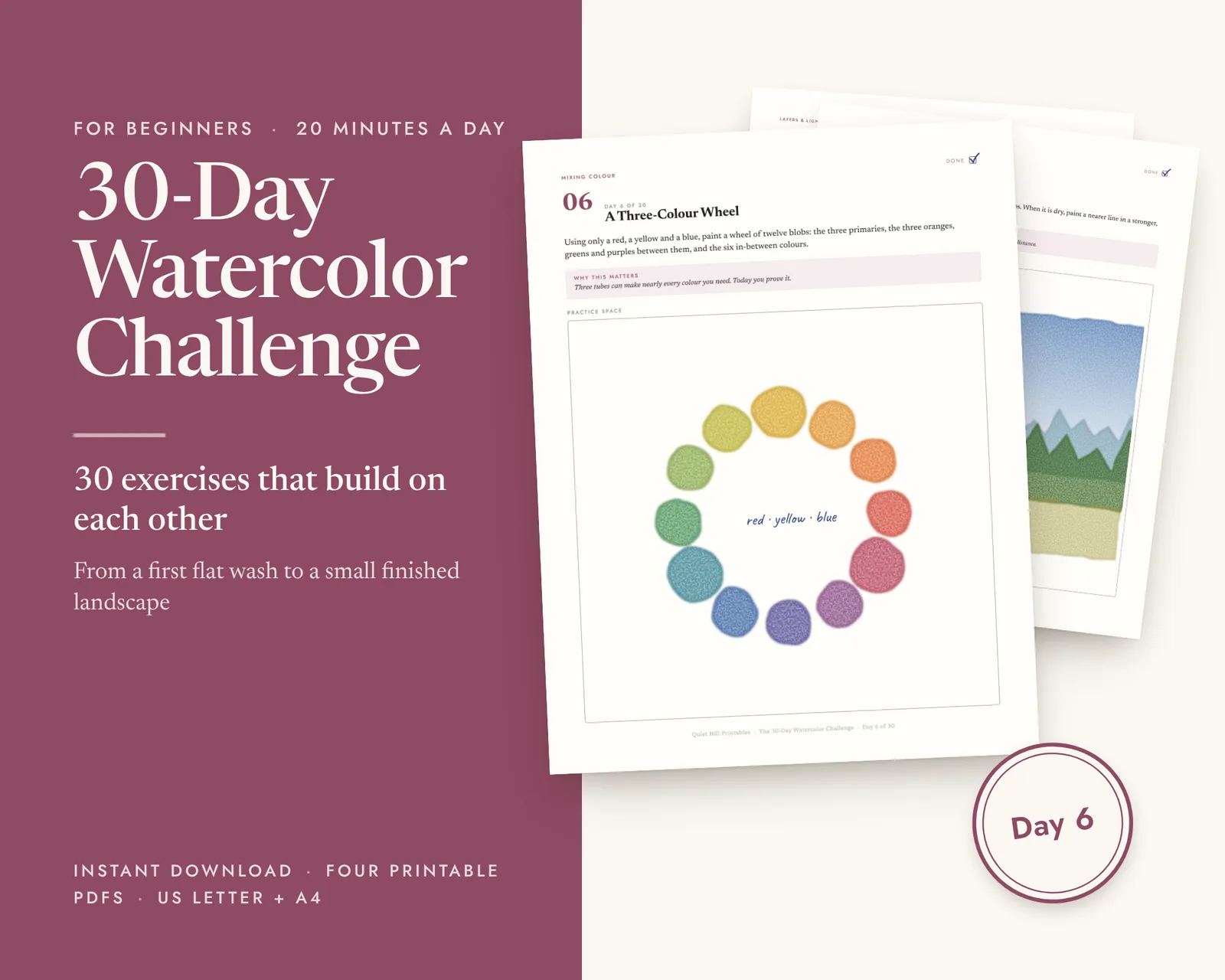 30-Day Watercolor Challenge printable, shown filled in