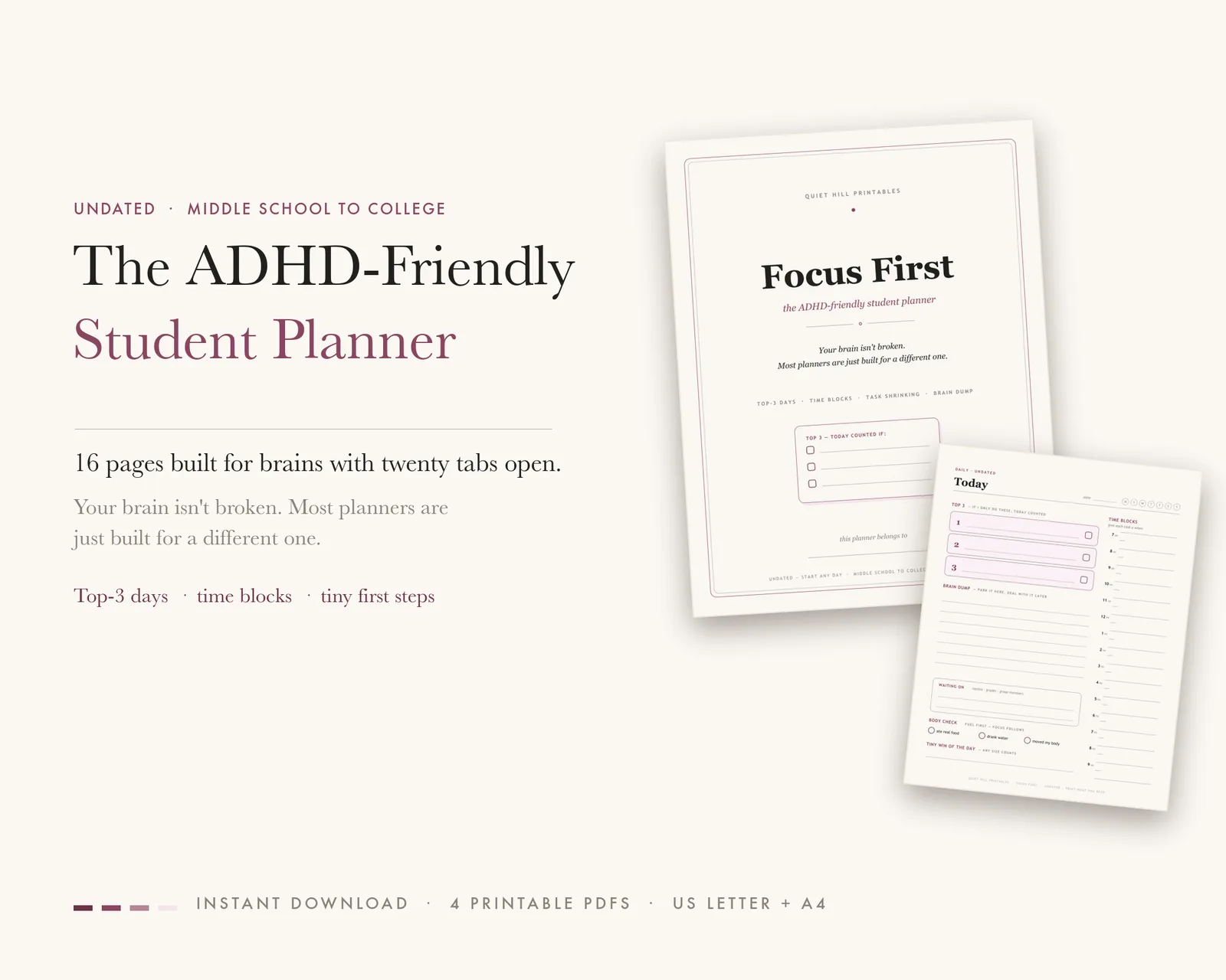 ADHD-friendly student planner cover titled Focus First beside the undated Today daily page with Top 3 list