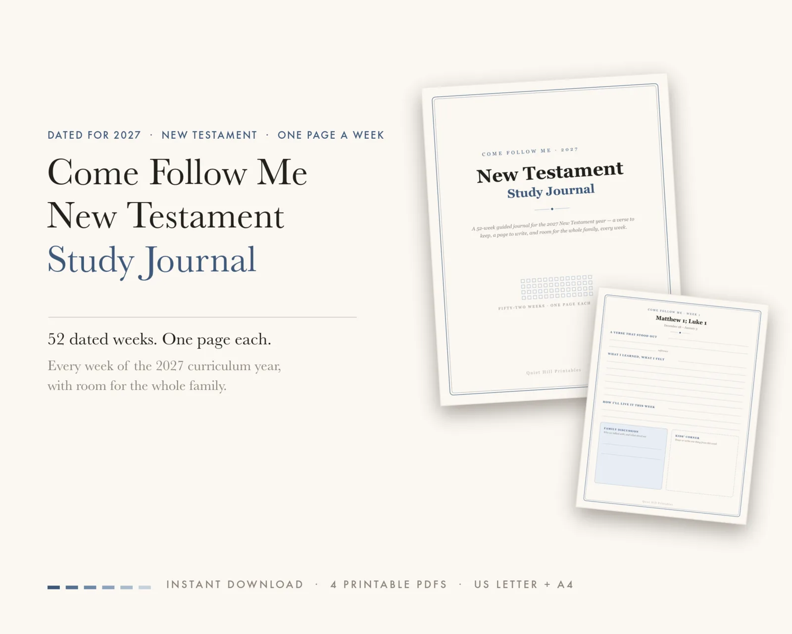 Come Follow Me 2027 New Testament Study Journal cover beside the Week 1 Matthew 1; Luke 1 page